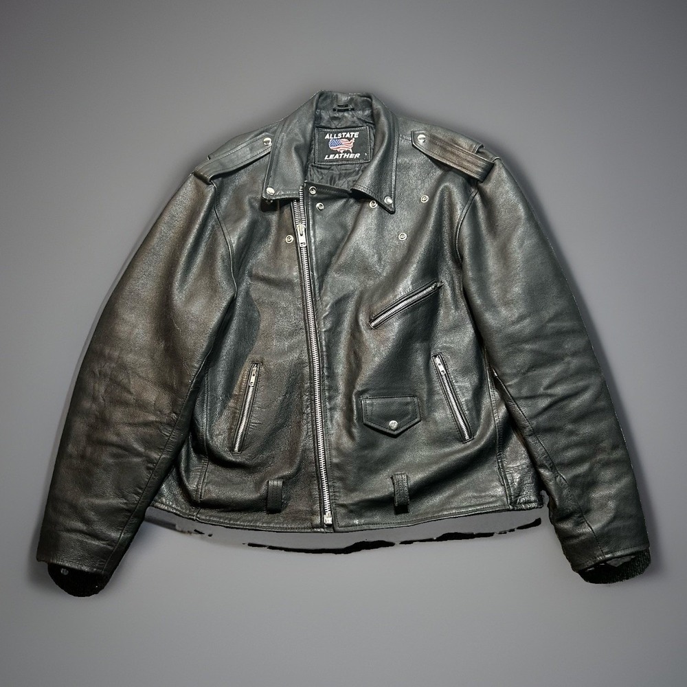 Vintage Allstate Leather Double Rider Motorcycle Jacket Size 52 / 2XL Black
